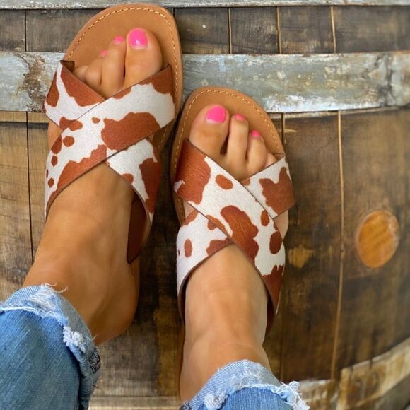 Very G Shoes - Very G Annie Seaside Cow Print Double Cross Strap Vegan Animal Fur Sandal Slides